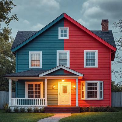 The primary subject of the image is a large, colorful house with a red and blue exterior. The house is situated on a grassy lawn, and there is a sidewalk leading up to the front door. The setting is a residential area, and the visual style appears to be a photo. The dominant colors in the image are red, blue, and green, creating a vibrant and lively atmosphere.